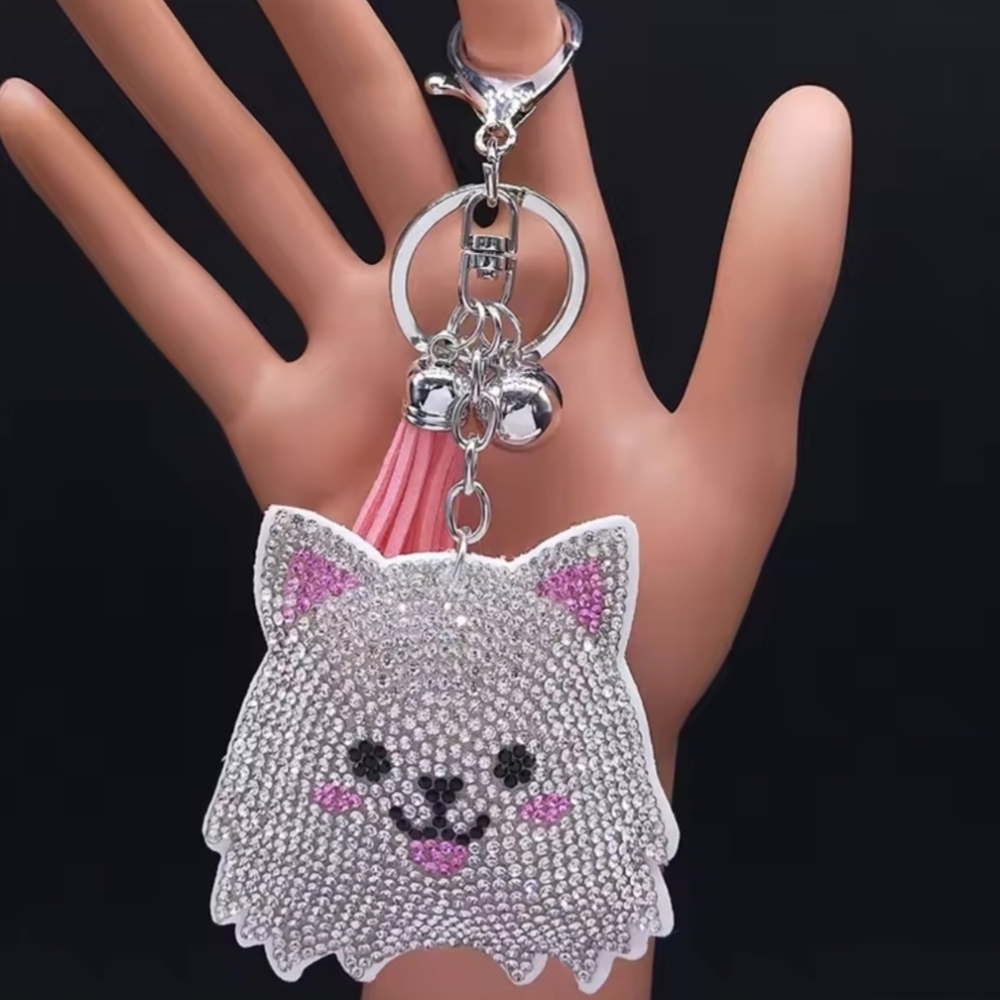 Bling Pomeranian Dog Crystal Rhinestone Keychain Bag Charm With Pink Tas…